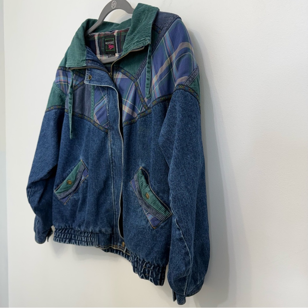 Weathered Blues Vintage Denim Bomber Jacket Mixed Media Flannel Lined Women’s S - Picture 4 of 15